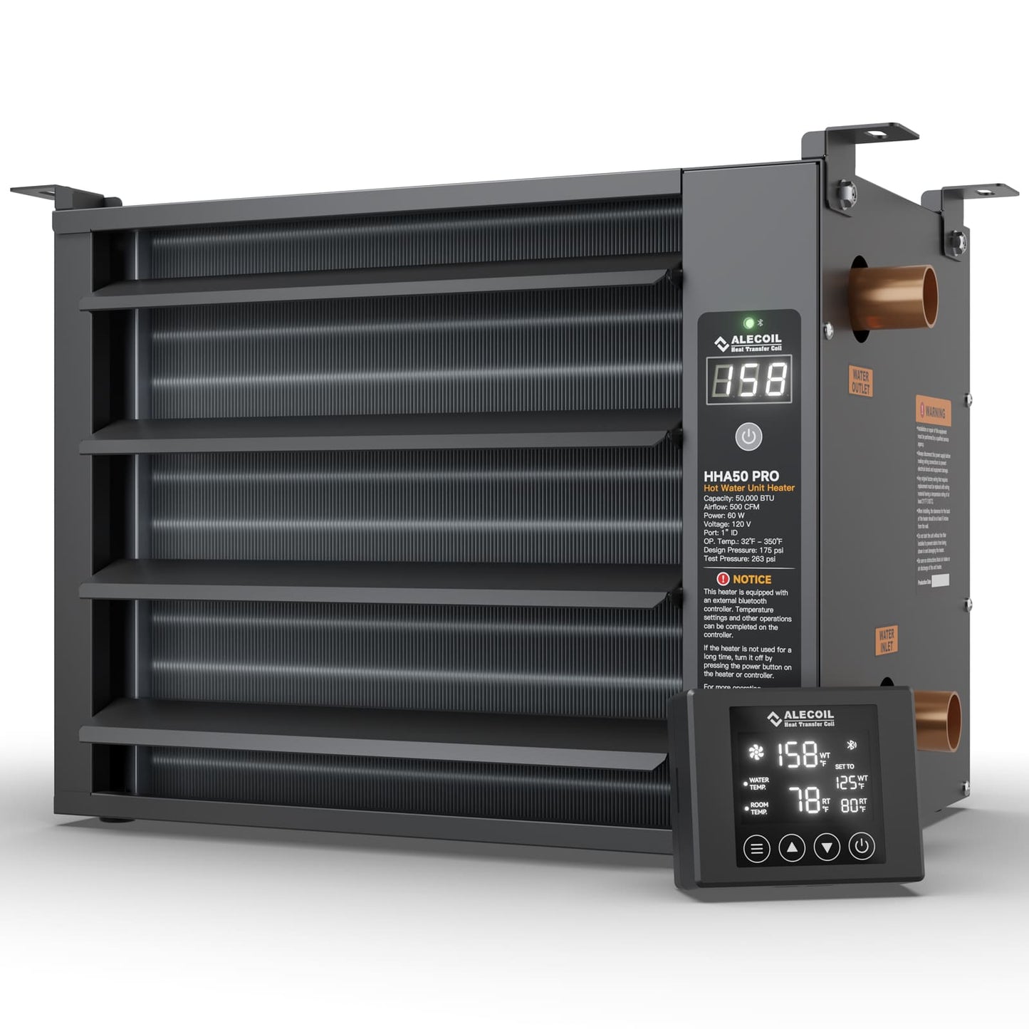 50,000 BTU Hydronic Hot Water Hanging Unit Heater with Remote Temperature Control Water to Air Heat Exchanger with Fan for Outdoor Wood Furnaces, Garage and Warehouse Heating, HHA50-Pro, Black