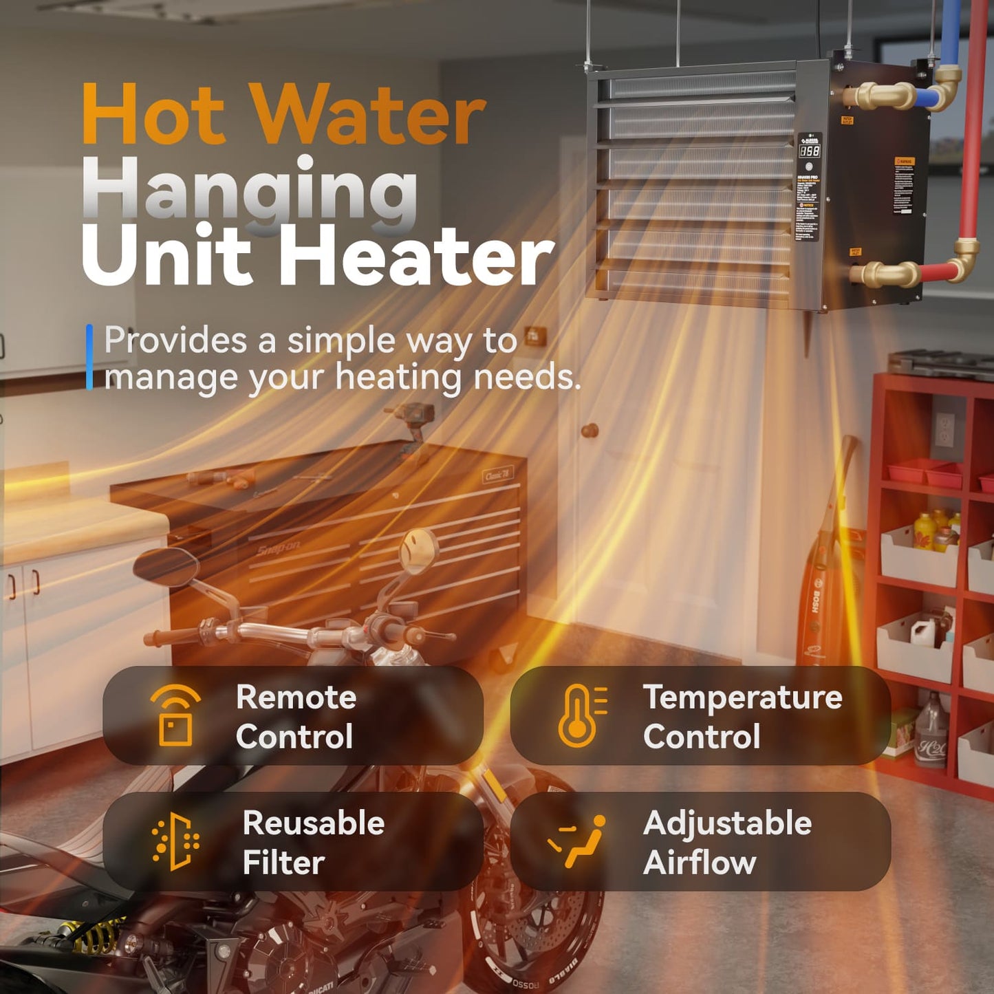 100,000 BTU Hydronic Hot Water Hanging Unit Heater with Remote Temperature Control Water to Air Heat Exchanger with Fan for Outdoor Wood Furnaces, Garage and Warehouse Heating, HHA100-Pro, Black