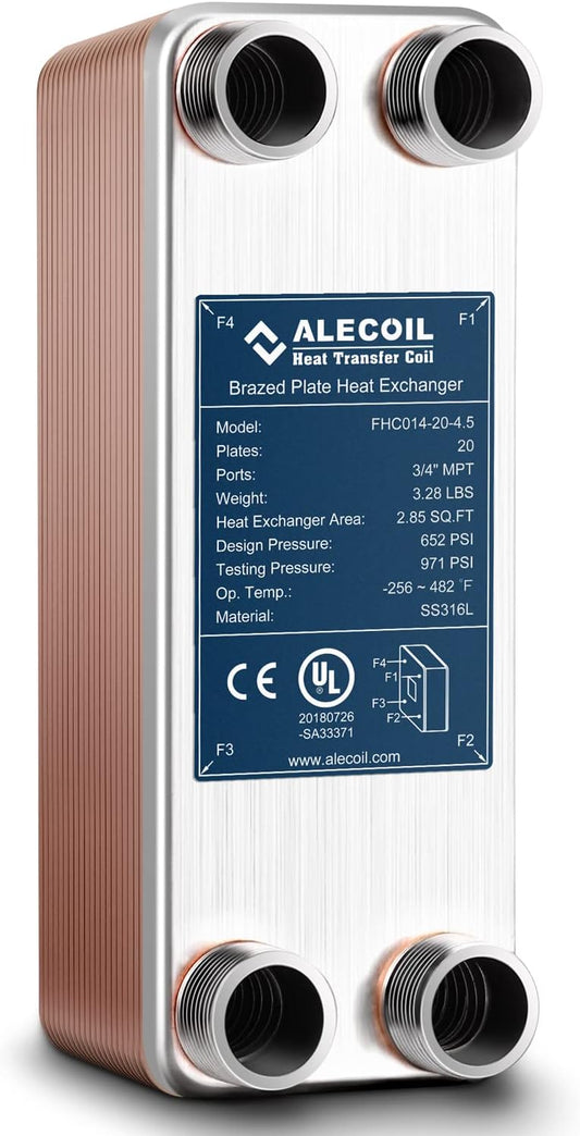 Alecoil 3x8" 10 Plates Heat Exchanger with 3/4" MPT Port Water to Water 316L Stainless Steel Brazed Plate Heat Exchanger for Water Heating, Floor Heating, Commercial and Industrial Refrigeration