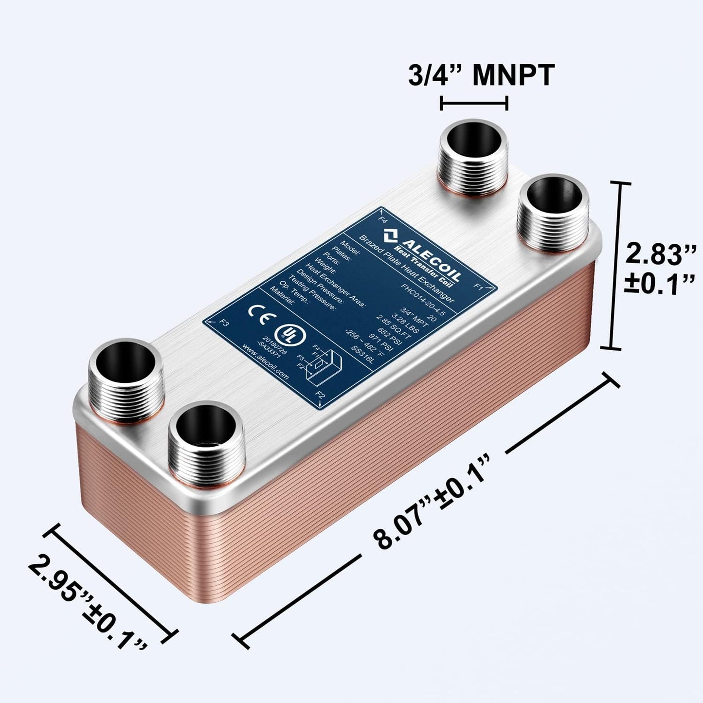 Alecoil 3x8" 10 Plates Heat Exchanger with 3/4" MPT Port Water to Water 316L Stainless Steel Brazed Plate Heat Exchanger for Water Heating, Floor Heating, Commercial and Industrial Refrigeration