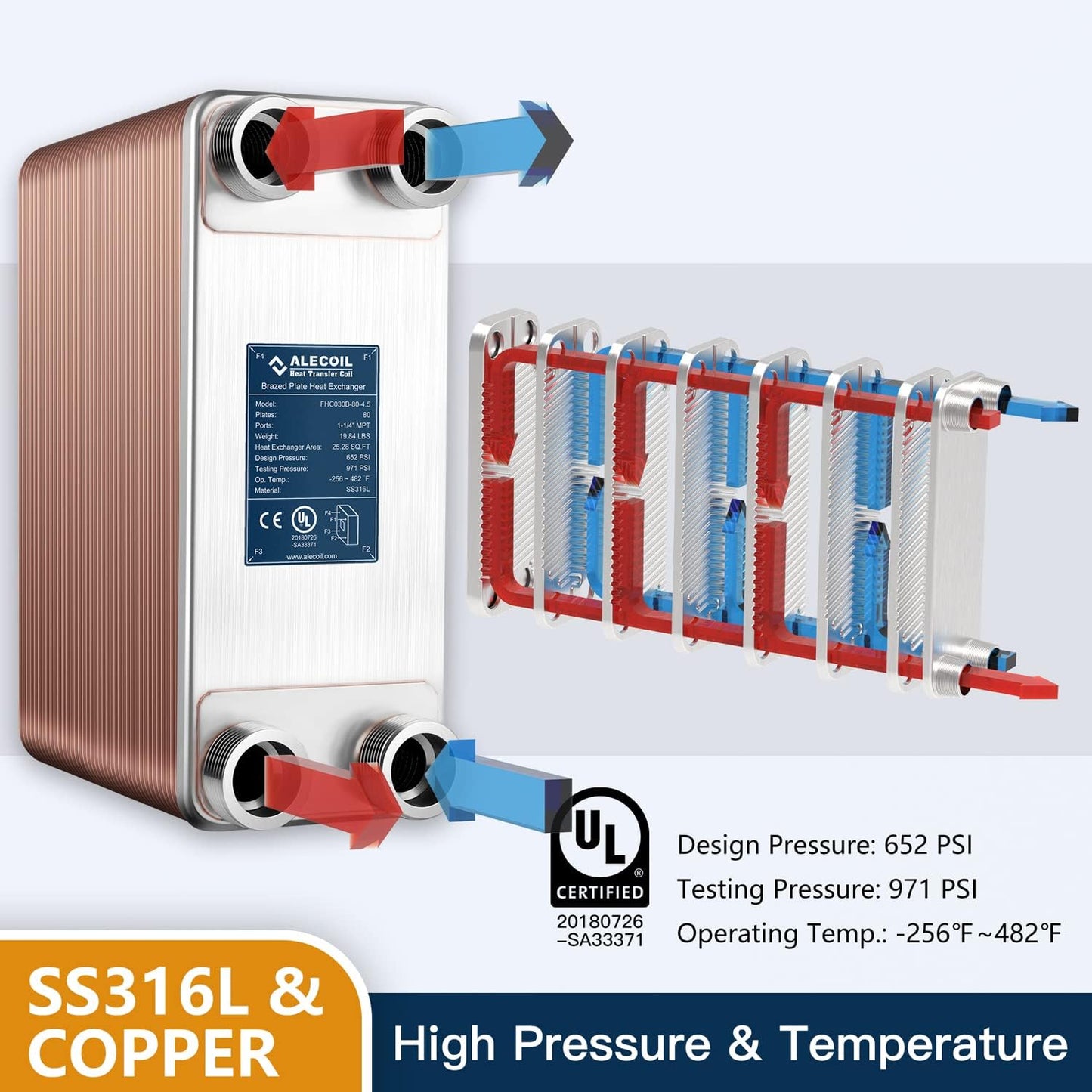 5"x12" 80 Plates Heat Exchanger with 1-1/4" MPT Port Water to Water 316L Stainless Steel Brazed Plate Heat Exchanger