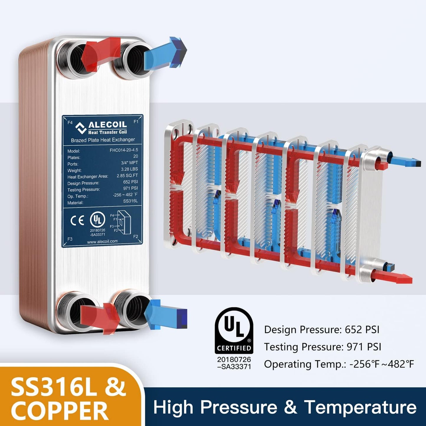 Alecoil 3x8" 10 Plates Heat Exchanger with 3/4" MPT Port Water to Water 316L Stainless Steel Brazed Plate Heat Exchanger for Water Heating, Floor Heating, Commercial and Industrial Refrigeration