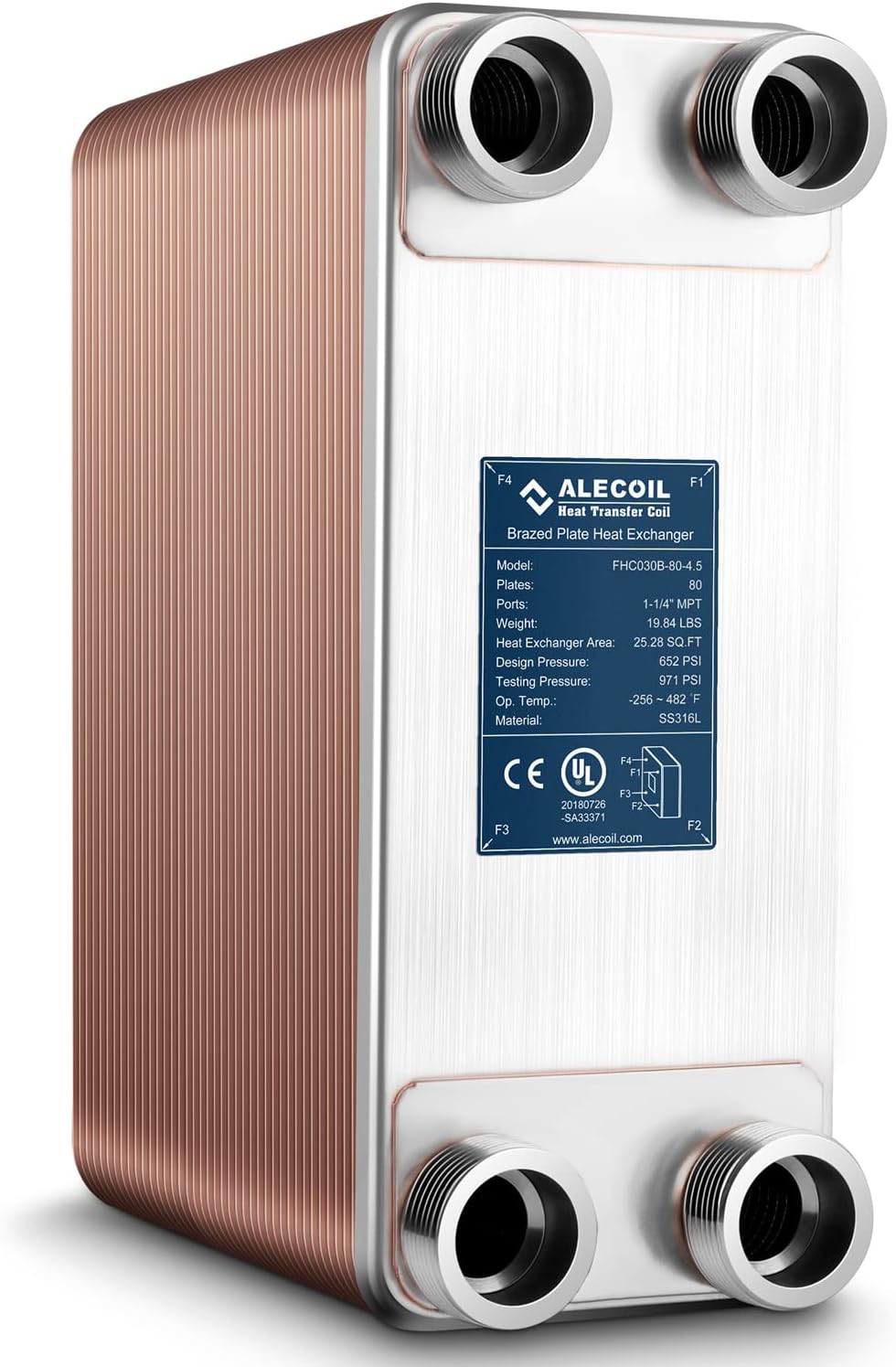 5"x12" 80 Plates Heat Exchanger with 1-1/4" MPT Port Water to Water 316L Stainless Steel Brazed Plate Heat Exchanger