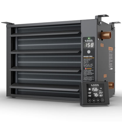50,000 BTU Hydronic Hot Water Hanging Unit Heater with Remote Temperature Control Water to Air Heat Exchanger with Fan for Outdoor Wood Furnaces, Garage and Warehouse Heating, HHA50-Pro, Black