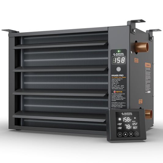50,000 BTU Hydronic Hot Water Hanging Unit Heater with Remote Temperature Control Water to Air Heat Exchanger with Fan for Outdoor Wood Furnaces, Garage and Warehouse Heating, HHA50-Pro, Black