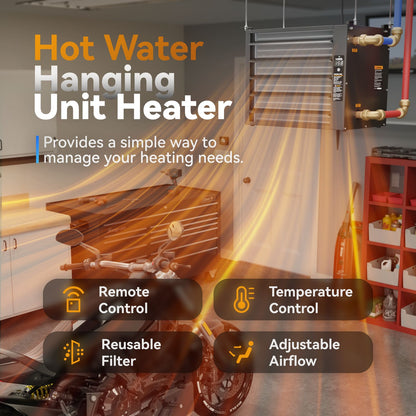 100,000 BTU Hydronic Hot Water Hanging Unit Heater with Remote Temperature Control Water to Air Heat Exchanger with Fan for Outdoor Wood Furnaces, Garage and Warehouse Heating, HHA100-Pro, Black