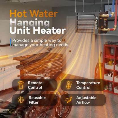 50,000 BTU Hydronic Hot Water Hanging Unit Heater with Remote Temperature Control Water to Air Heat Exchanger with Fan for Outdoor Wood Furnaces, Garage and Warehouse Heating, HHA50-Pro, Black