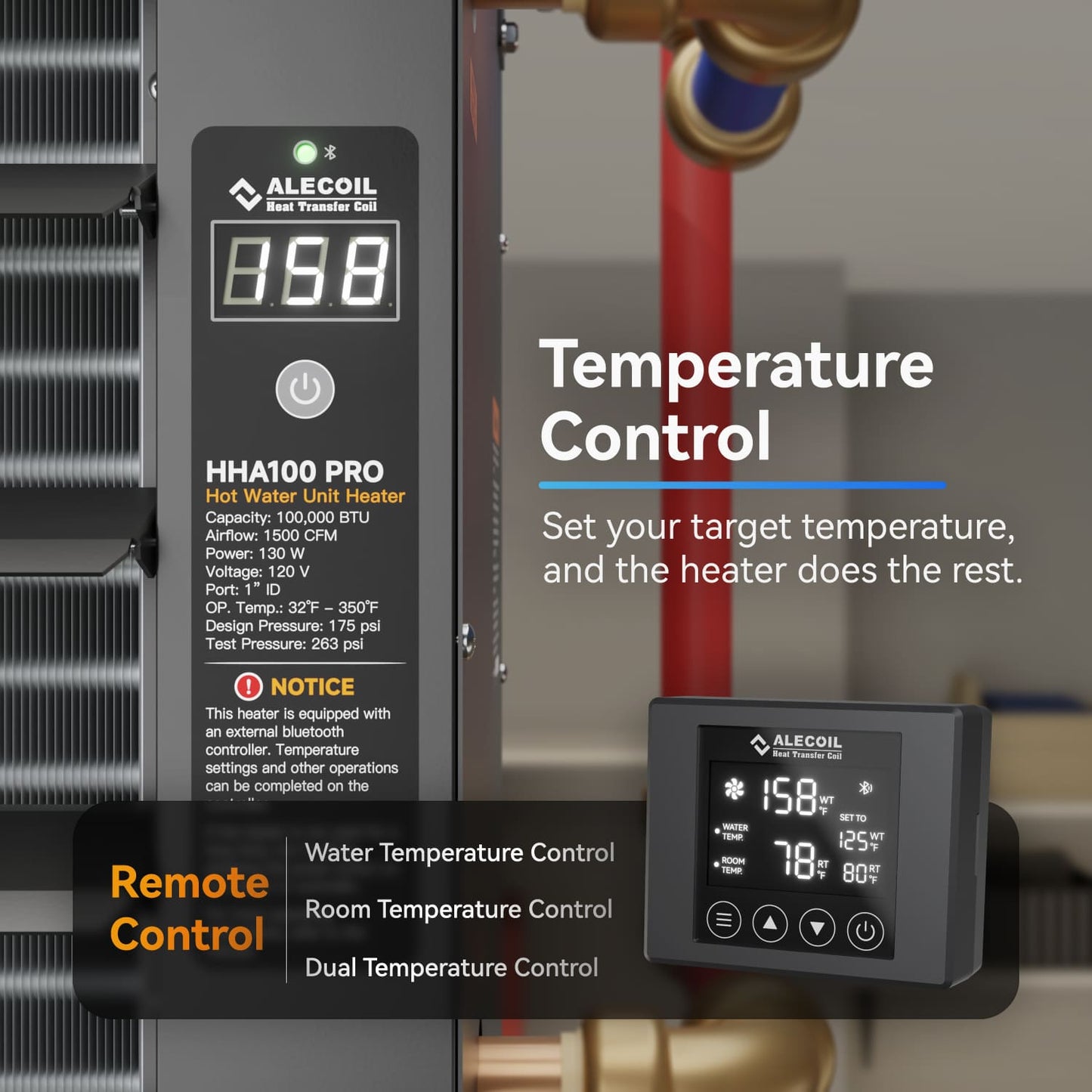 100,000 BTU Hydronic Hot Water Hanging Unit Heater with Remote Temperature Control Water to Air Heat Exchanger with Fan for Outdoor Wood Furnaces, Garage and Warehouse Heating, HHA100-Pro, Black