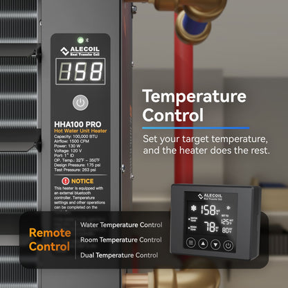 100,000 BTU Hydronic Hot Water Hanging Unit Heater with Remote Temperature Control Water to Air Heat Exchanger with Fan for Outdoor Wood Furnaces, Garage and Warehouse Heating, HHA100-Pro, Black