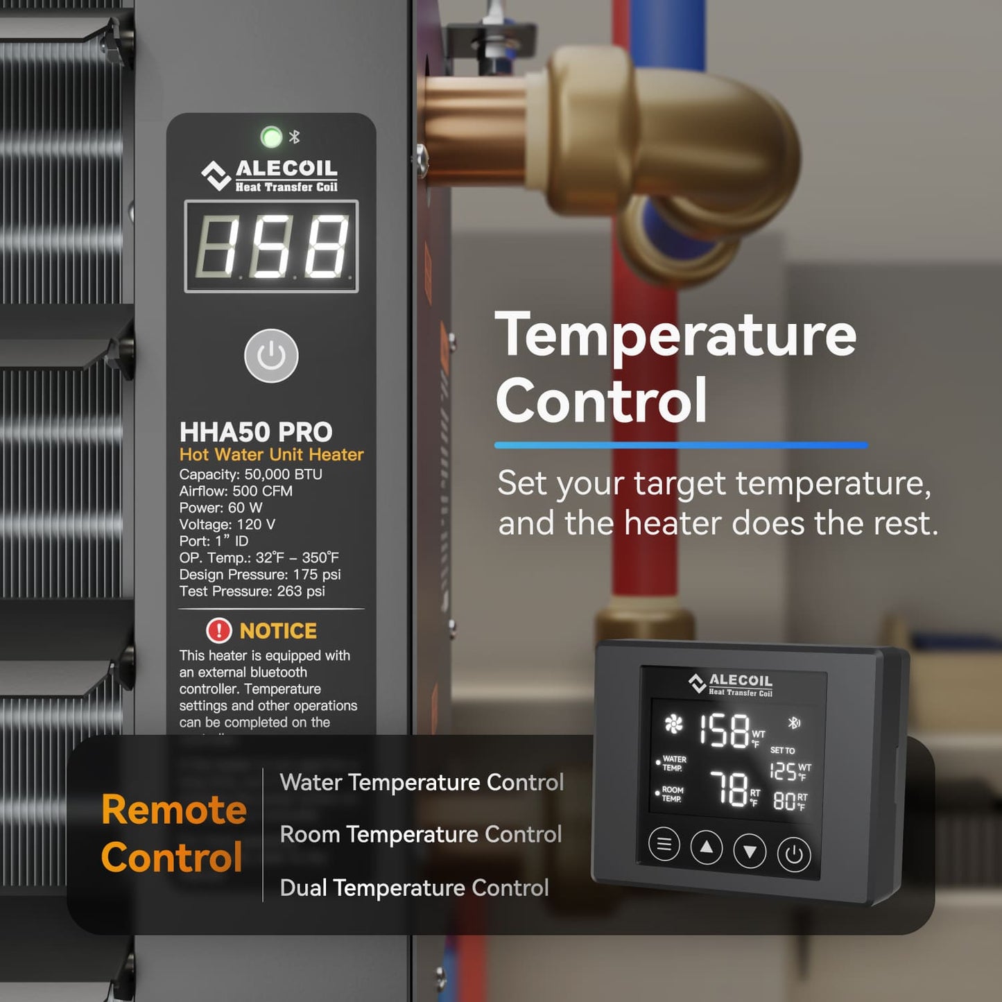 50,000 BTU Hydronic Hot Water Hanging Unit Heater with Remote Temperature Control Water to Air Heat Exchanger with Fan for Outdoor Wood Furnaces, Garage and Warehouse Heating, HHA50-Pro, Black