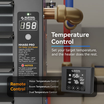 50,000 BTU Hydronic Hot Water Hanging Unit Heater with Remote Temperature Control Water to Air Heat Exchanger with Fan for Outdoor Wood Furnaces, Garage and Warehouse Heating, HHA50-Pro, Black