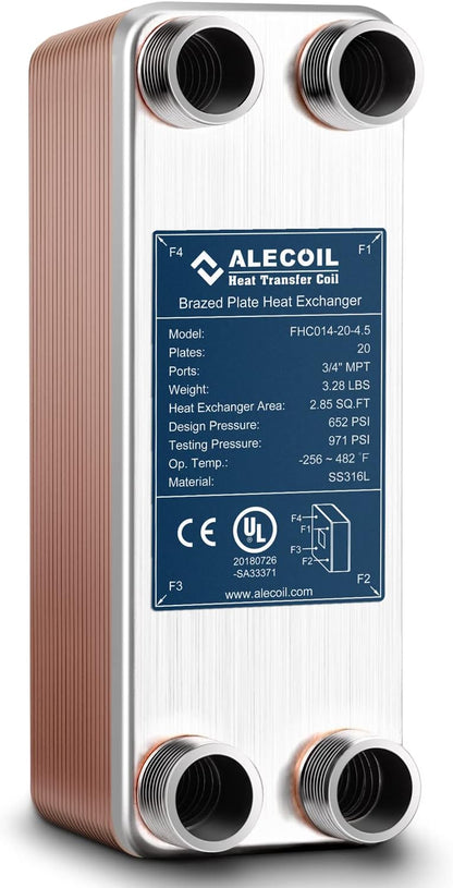 Alecoil 3x8" 10 Plates Heat Exchanger with 3/4" MPT Port Water to Water 316L Stainless Steel Brazed Plate Heat Exchanger for Water Heating, Floor Heating, Commercial and Industrial Refrigeration