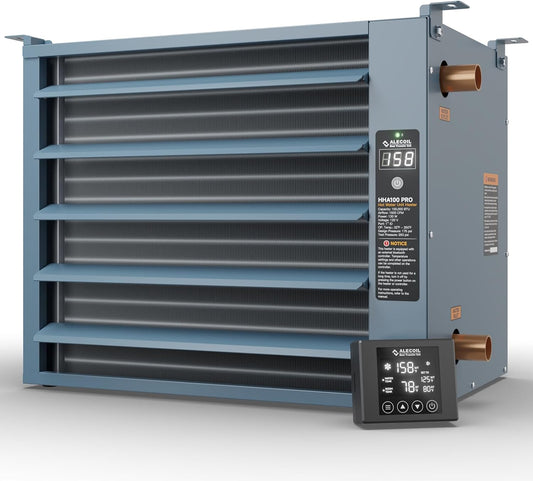 100,000 BTU Hydronic Hot Water Hanging Unit Heater with Remote Temperature Control Water to Air Heat Exchanger with Fan for Outdoor Wood Furnaces, Garage and Warehouse Heating, HHA100-Pro, Blue