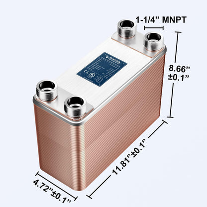 5"x12" 80 Plates Heat Exchanger with 1-1/4" MPT Port Water to Water 316L Stainless Steel Brazed Plate Heat Exchanger