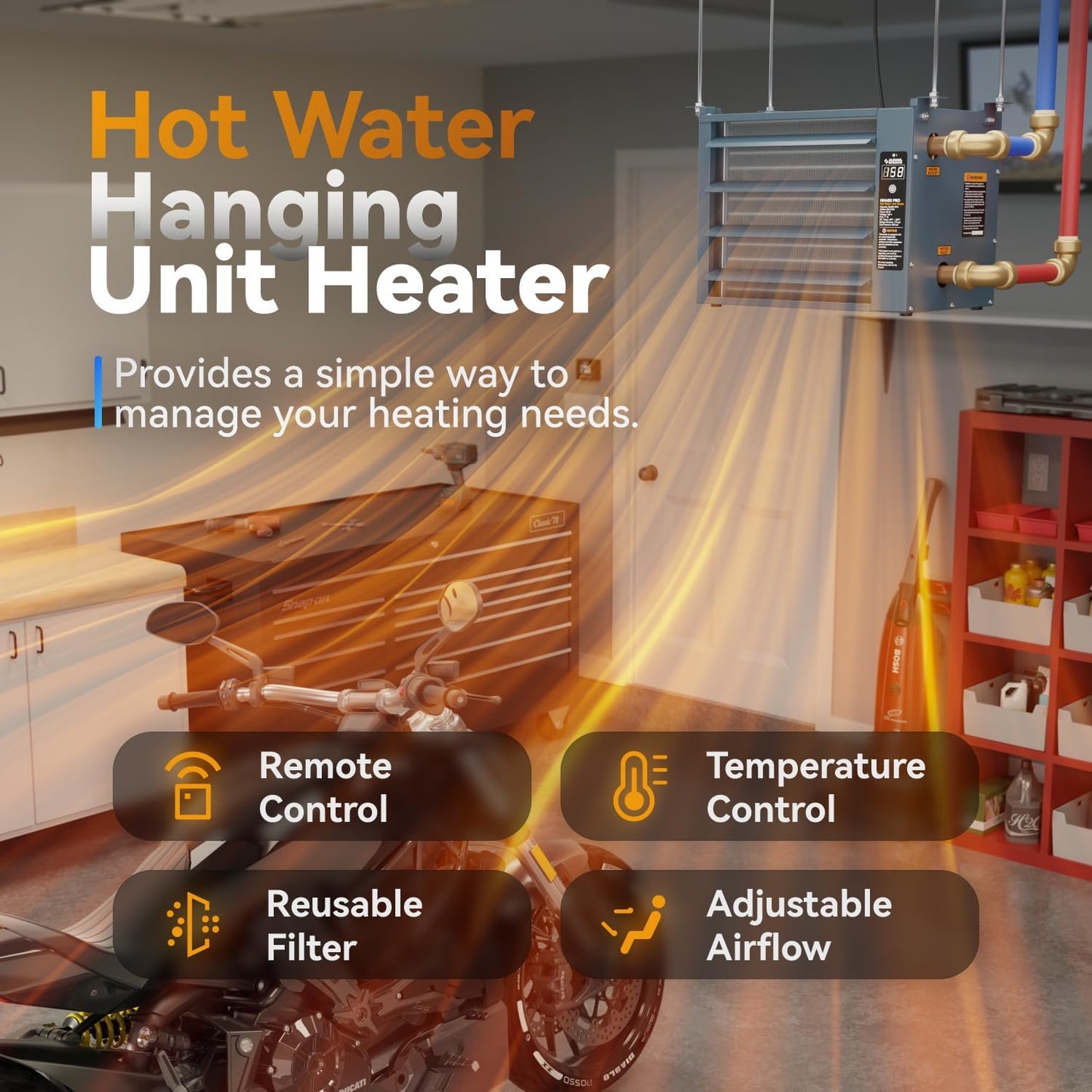 50,000 BTU Hydronic Hot Water Hanging Unit Heater with Remote Temperature Control Water to Air Heat Exchanger with Fan for Outdoor Wood Furnaces, Garage and Warehouse Heating, HHA50-Pro, Blue