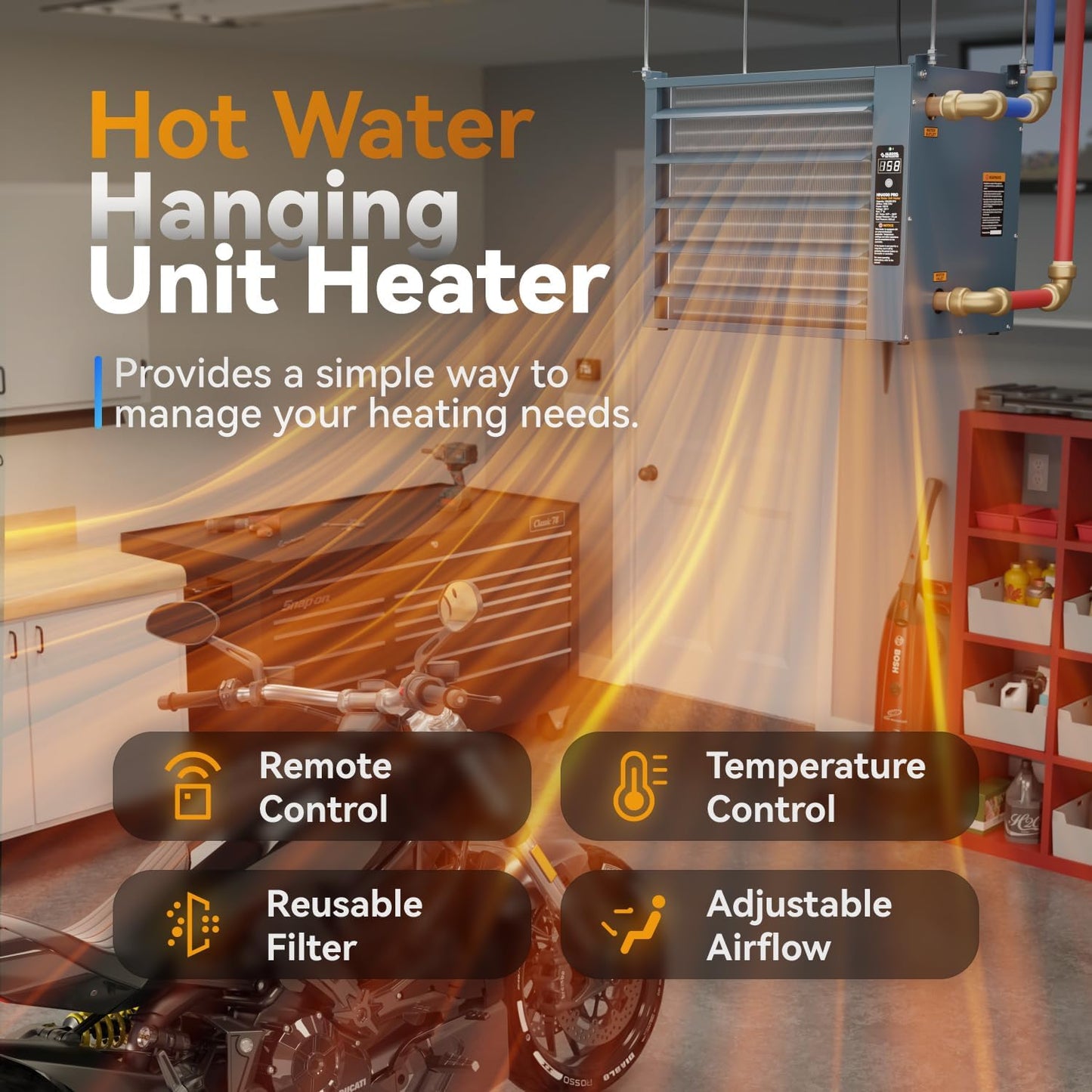 100,000 BTU Hydronic Hot Water Hanging Unit Heater with Remote Temperature Control Water to Air Heat Exchanger with Fan for Outdoor Wood Furnaces, Garage and Warehouse Heating, HHA100-Pro, Blue