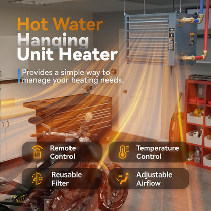 100,000 BTU Hydronic Hot Water Hanging Unit Heater with Remote Temperature Control Water to Air Heat Exchanger with Fan for Outdoor Wood Furnaces, Garage and Warehouse Heating, HHA100-Pro, Blue