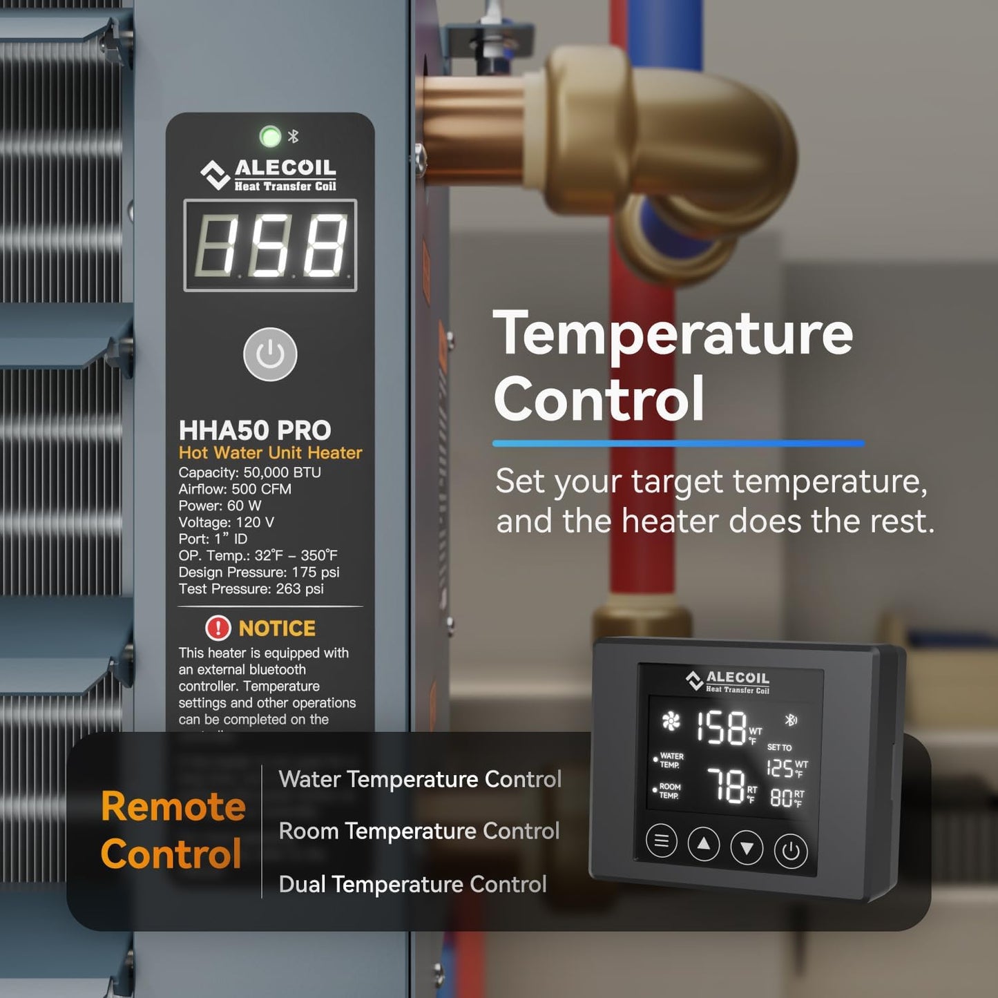 50,000 BTU Hydronic Hot Water Hanging Unit Heater with Remote Temperature Control Water to Air Heat Exchanger with Fan for Outdoor Wood Furnaces, Garage and Warehouse Heating, HHA50-Pro, Blue