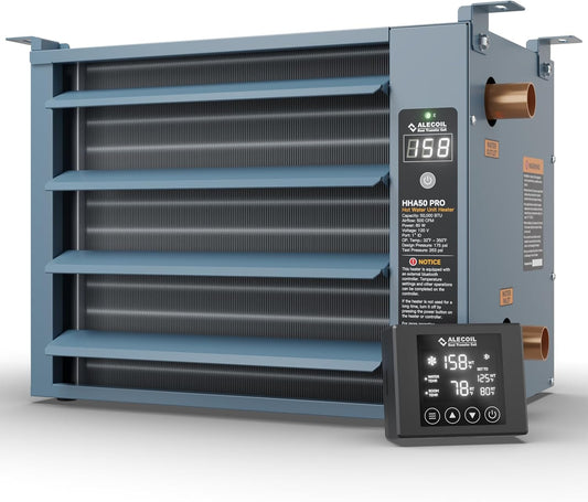 50,000 BTU Hydronic Hot Water Hanging Unit Heater with Remote Temperature Control Water to Air Heat Exchanger with Fan for Outdoor Wood Furnaces, Garage and Warehouse Heating, HHA50-Pro, Blue