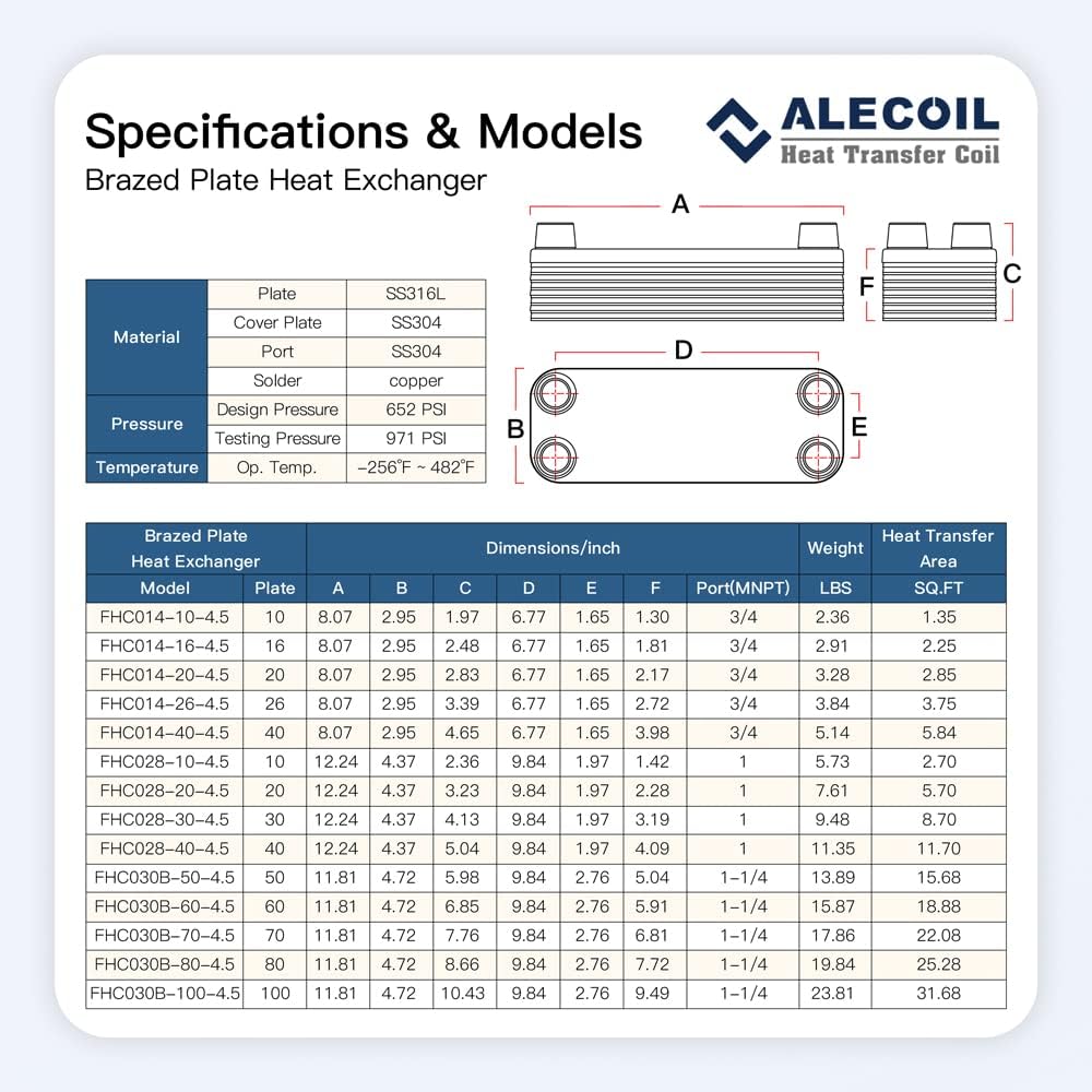 5"x12" 80 Plates Heat Exchanger with 1-1/4" MPT Port Water to Water 316L Stainless Steel Brazed Plate Heat Exchanger