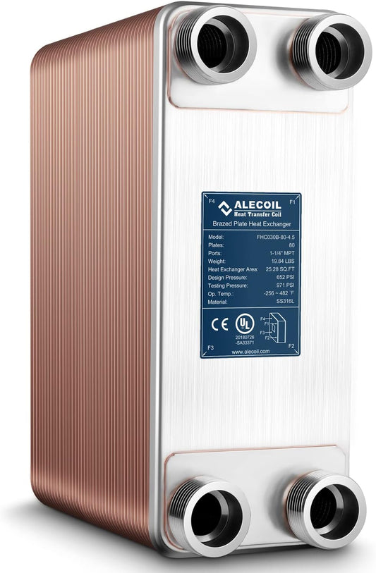 5"x12" 80 Plates Heat Exchanger with 1-1/4" MPT Port Water to Water 316L Stainless Steel Brazed Plate Heat Exchanger