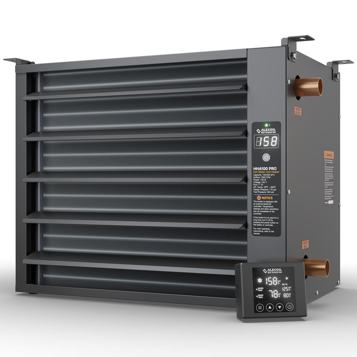 100,000 BTU Hydronic Hot Water Hanging Unit Heater with Remote Temperature Control Water to Air Heat Exchanger with Fan for Outdoor Wood Furnaces, Garage and Warehouse Heating, HHA100-Pro, Black